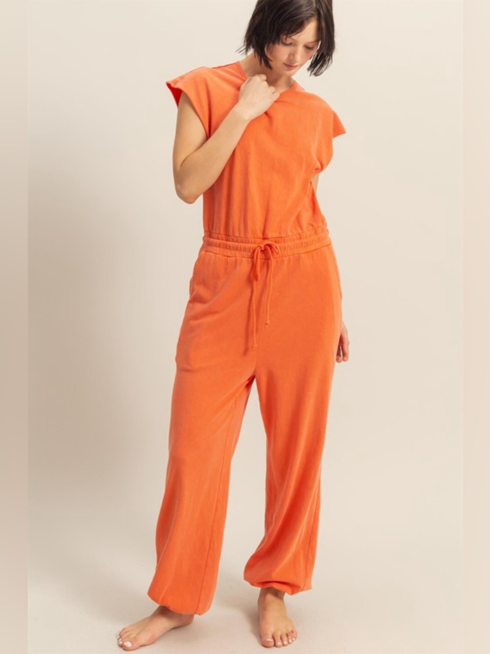 HYFVE Back Keyhole Round Neck Cap Sleeve Drawstring Jumpsuit